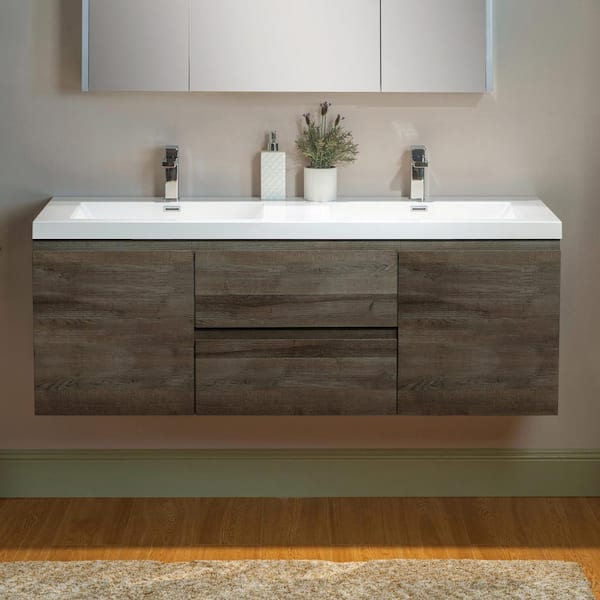 NJ 59 in. W x 19.63 in. D x 22.5 in. H Double Sink Floating Bath Vanity in Grey Oak with White Resin Top