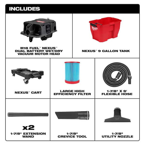 M18 FUEL 9 Gal. Cordless DUAL-BATTERY Wet/Dry Shop Vacuum with Filter, Hose, and Accessories