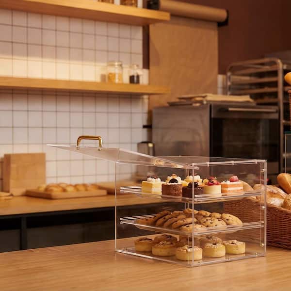 Bakery Display Case, 13 in. x 10.2 in. x 10.2 in. 3-Tier Countertop Pastry Display Case, Clear Acrylic Bread Box