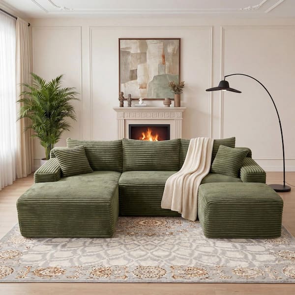 Willa 94.5 in. Square Arms 3-Piece Corduroy Modular Compressed Sectional Sofa in Green with Ottoman, Left Arm Chaise