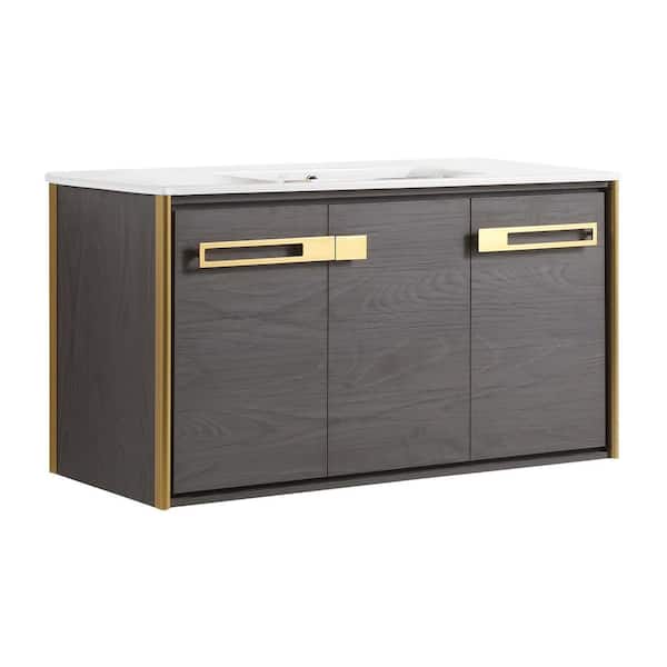 FINE FIXTURES Oakville 42 in. W x 18 in. D x 23.25 in. H Wall Mounted Bathroom Vanity in Gray with White Ceramic Sink Top