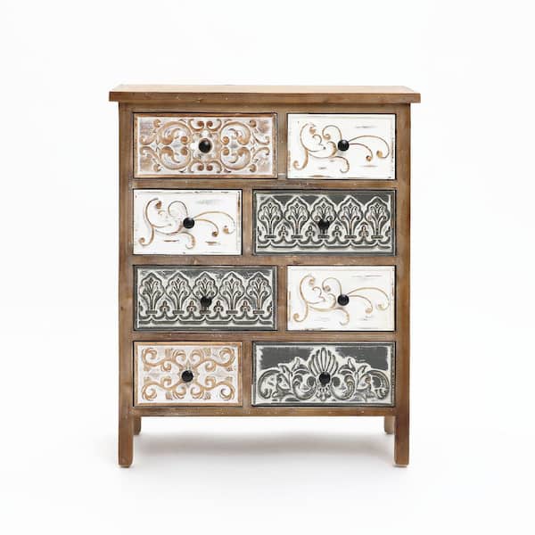 LuxenHome Rustic Carved Wood 8-Drawer Chest End Table