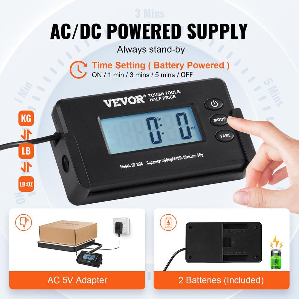 Digital Shipping Scale 440 lbs. LCD Screen Package Food Scale with Timer, Tare Function for Home Wired Connection - thumbnail 5