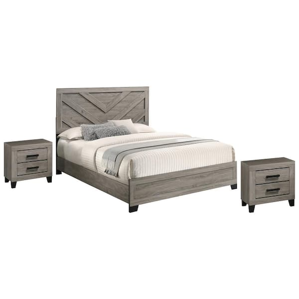 Ararat 3-Piece Light Grey Color Wood Frame Queen Panel Bedroom Set With 2 Nightstands