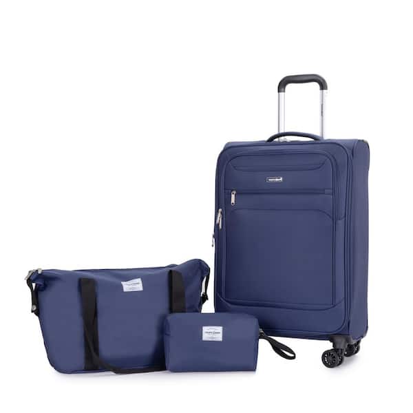 Tatahance 3-Piece Blue Terylene Polyester Softshell Spinner Luggage Set with Travelbag and Toiletry Bag
