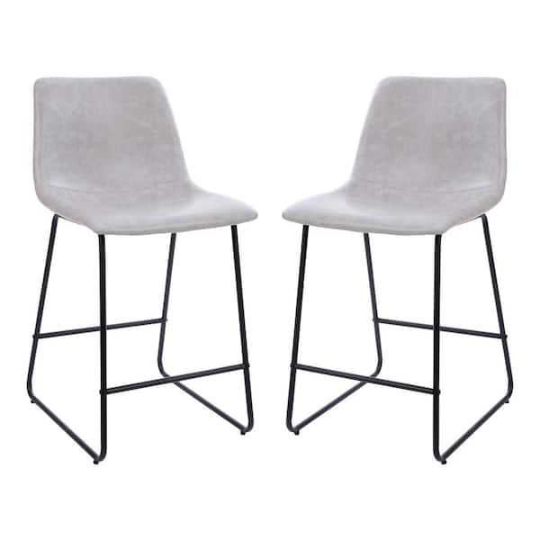 Carnegy Avenue Light Gray Reagan 24 in. Leather Soft Counter Height Stools with Footrest, Modern Bucket Style Dining Chairs (Set of 2)