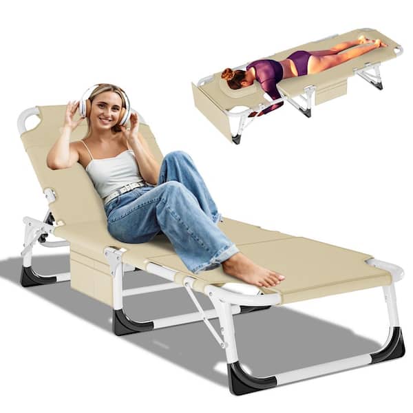 BOZTIY Folding Lounge Chair, 5-Position Adjustable Metal Outdoor Reclining Chair, Folding Chaise Lounge Chair(1-Pack), Khaki
