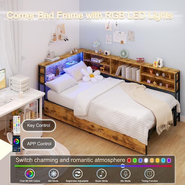 Seafuloy Brown Twin Corner Daybed with Drawer, Bed Frame with