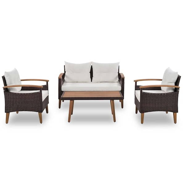 Set of 4 PE rattan garden furniture, outdoor patio seating set, solid wood table cushions brown and beige