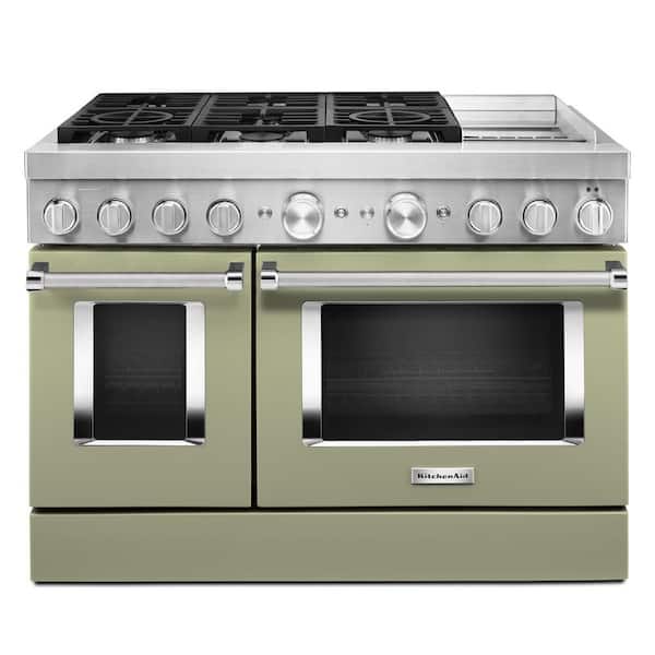 KitchenAid 48 in. 6.3 cu. ft. Smart Double Oven Dual Fuel Range with True Convection in Avocado Cream with Griddle
