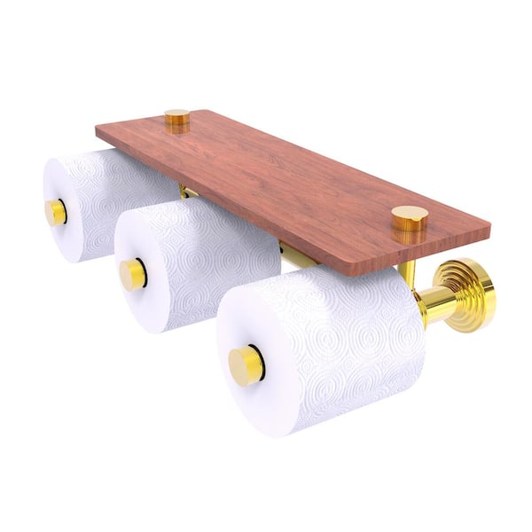 Allied Brass Waverly Place Horizontal Reserve 3-Roll Toilet Paper Holder with Wood Shelf in Polished Brass
