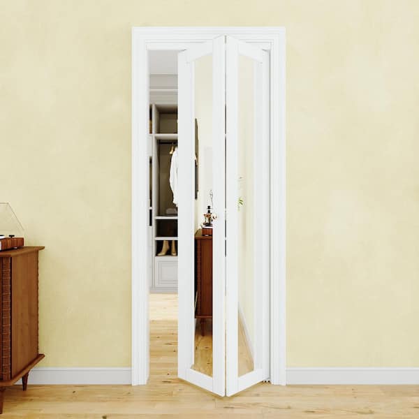 32 in. x 80.5 in. 1-Lite Mirrored Glass and Solid Core MDF White Prefinishied Closet Bifold Door with Hardware Kit