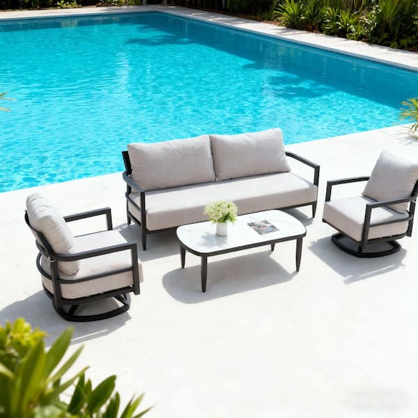 Black 4-Piece Aluminium Conversation Set with Silver Cushion, 360° Swivel Chairs and Marble Inspired Stone Coffee Table