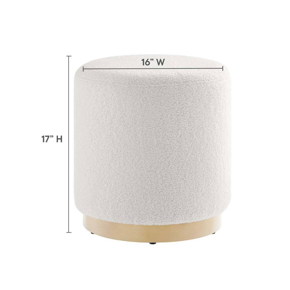 Ivory Sherpa Upholstered Round Ottoman with Rubberwood Base