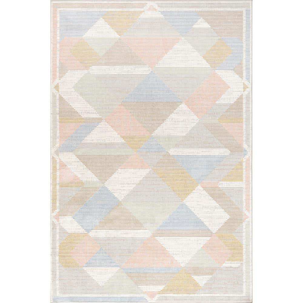 Ophelia Geometric Gray and Beige Synthetic Washable Area Rug
