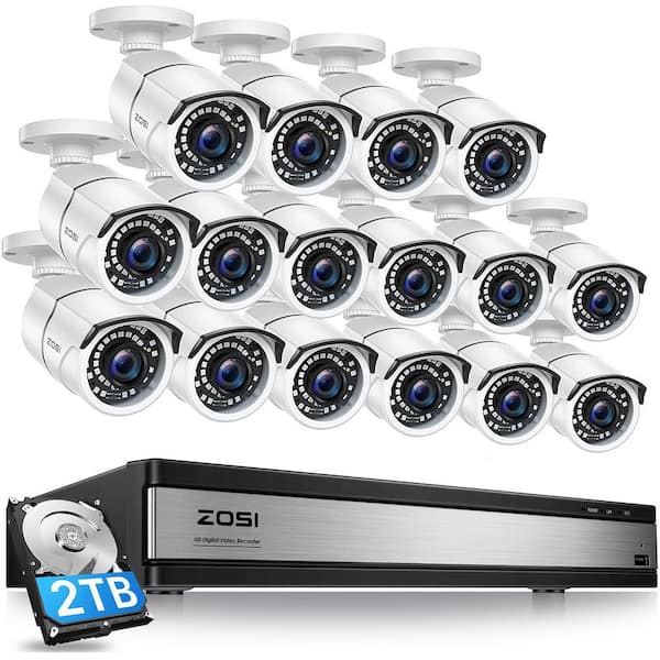 ZOSI 16-Channel 1080p 2TB Hard Drive DVR Security Camera System with 16 Wired Bullet Cameras