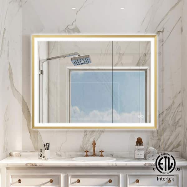 ANGELES HOME 48 in. W x 36 in. H Rectangular Framed Backlit Front Wall LED Light Bathroom Vanity Mirror in Brushed Gold,Easy Hang