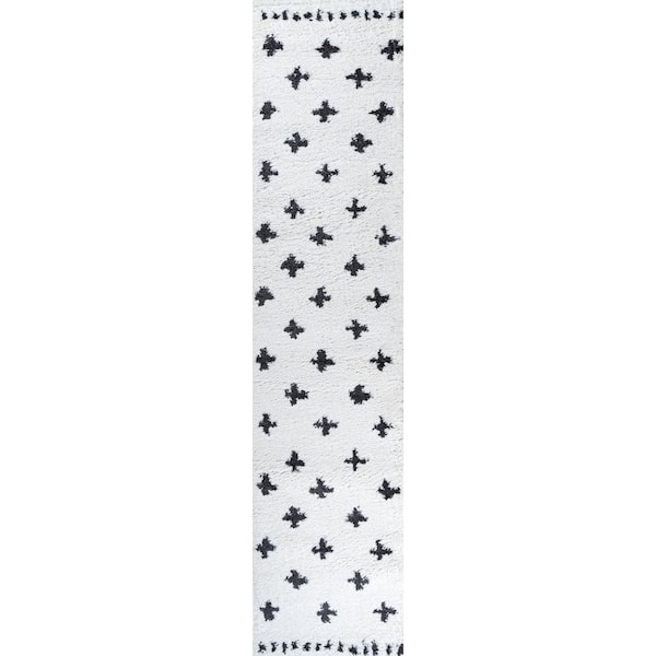 Cristo White/Black 2 ft. x 10 ft. Berber Geometric Shag Runner Rug