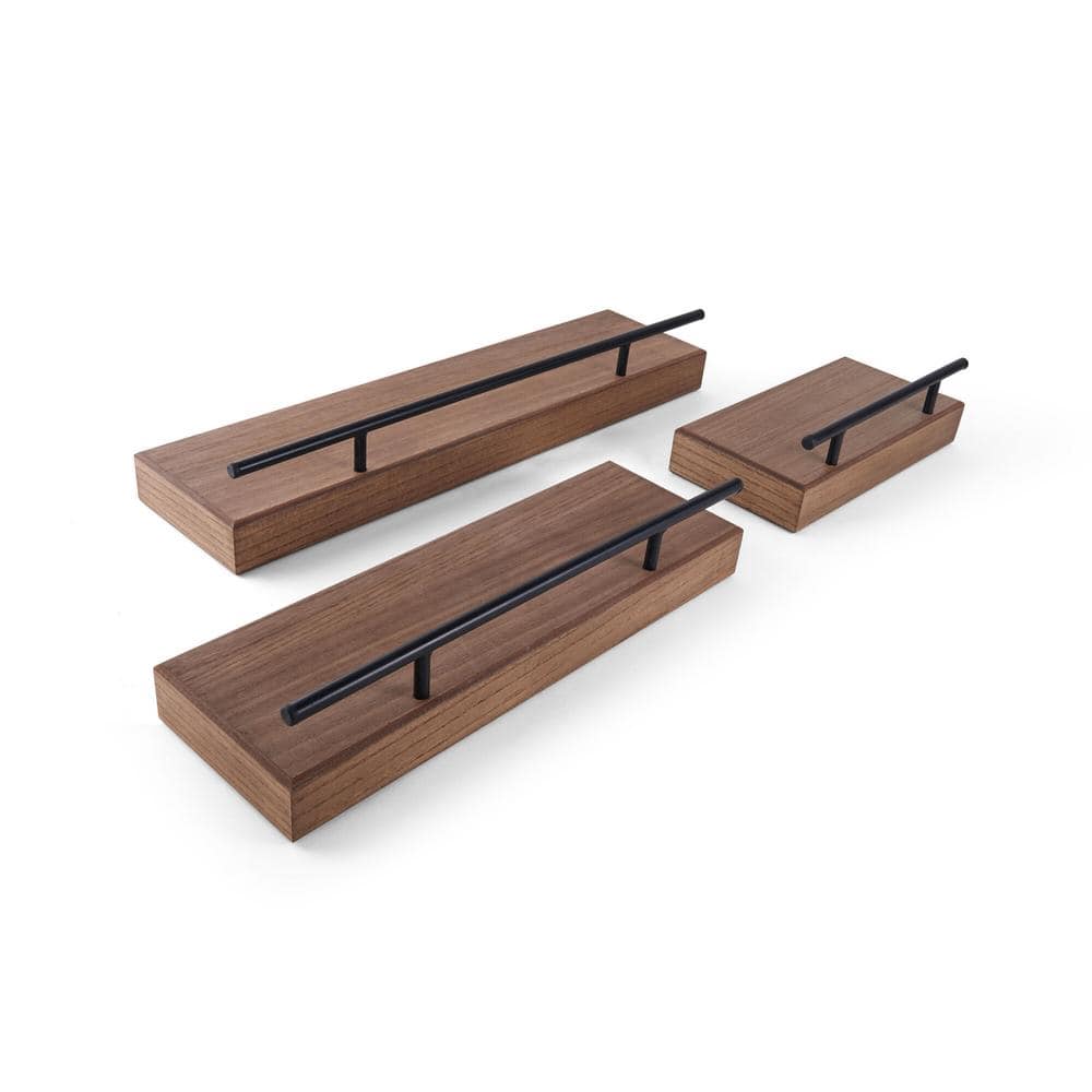 Rustic Natural Wood 3-Piece Floating Wall Shelf Set with Metal Railing