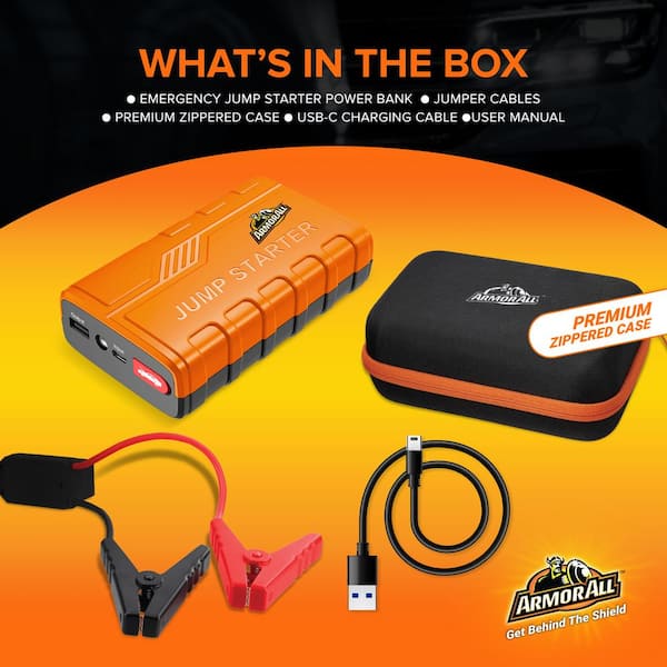 Armor All Emergency Jump Starter Power Bank Kit, 800a Peak Amps, Ultra-Bright LED Flashlight