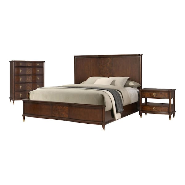 Whitney 3-Piece Traditional Dark Cherry Wood King Panel Bedroom Set with Nightstand and Chest