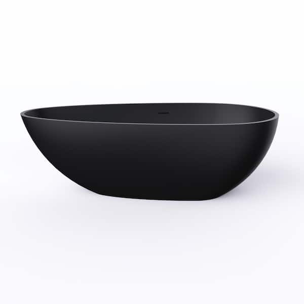 66.9 in. x 34 in. Artificial Stone Soaking Bathtub in Black Solid Surface Modern Tub with Overflow and Pop-up Drain