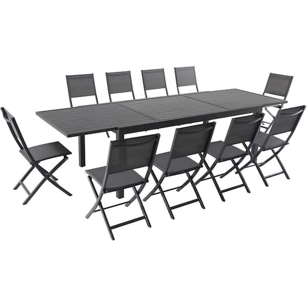 Hanover Naples 11-Piece Aluminum Outdoor Dining Set with 10-Folding Sling Chairs and a 40 in. x 118 in. Expandable Dining Table