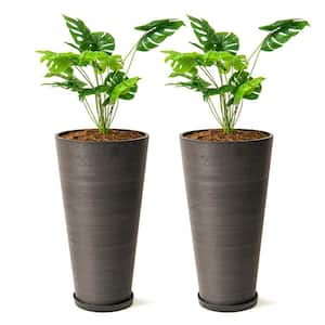 28 in. Tall Modern Round Plastic Planter, Tapered Floor Planter for Indoor and Outdoor, Patio Decor, Set of 2, Black