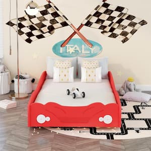 40 in. W Twin Size Car-Shaped Platform Bed for Kids Toddlers, Solid Wood Platform Bed with Wheels, Red