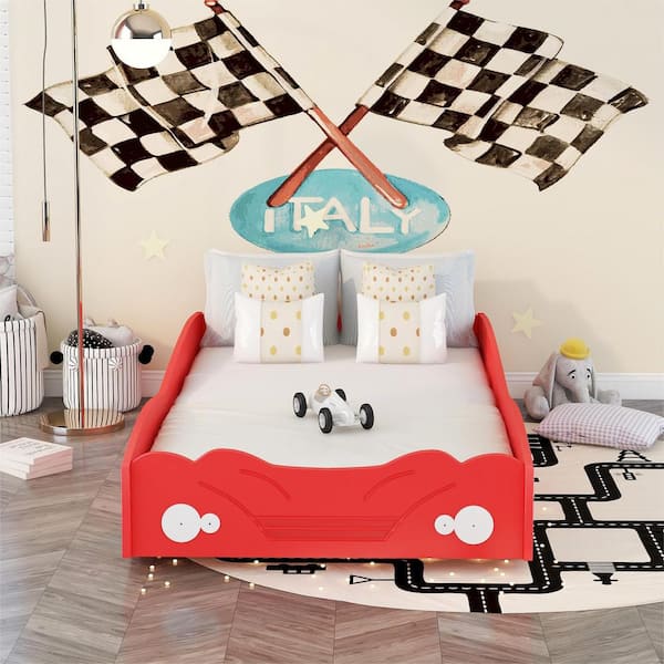 URTR 40 in. W Twin Size Car-Shaped Platform Bed for Kids Toddlers, Solid Wood Platform Bed with Wheels, Red