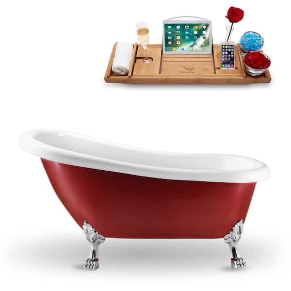 Streamline 61 in. Acrylic Clawfoot Non-Whirlpool Bathtub in Glossy Red With Gold Clawfeet And Polished Chrome Drain