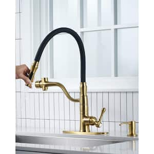 Single Handle Pull Down Sprayer Kitchen Faucet with Soap Dispenser, Pull Out Spray Wand in Solid Brass in Gold