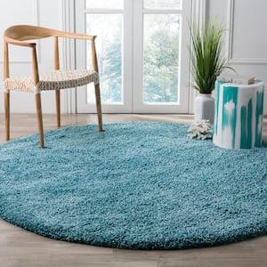 California Shag Turquoise 7 ft. x 7 ft. Round Solid Area Rug