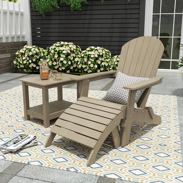 WESTIN OUTDOOR Vineyard Taupe Plastic Outdoor Patio Folding Adirondack Chair and Ottoman with Side Table 3-Piece Set