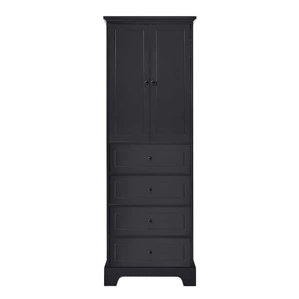JimsMaison 24 in. W x 16 in. D x 68 in. H Black MDF Linen Cabinet with Two Doors and Four Drawers