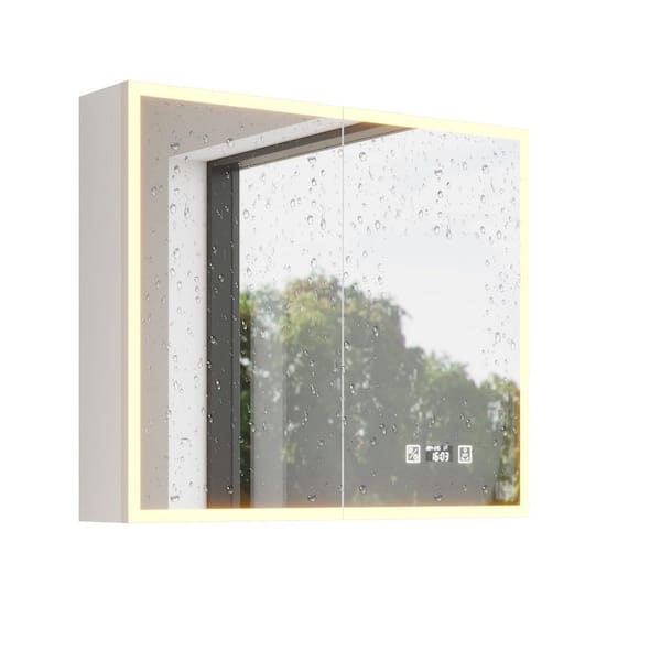 31.5 in. W x 27.6 in. H Rectangular Framed Wall Bathroom Vanity Mirror with 4-Shelves, 2-Outlets, 2-USBs and LED