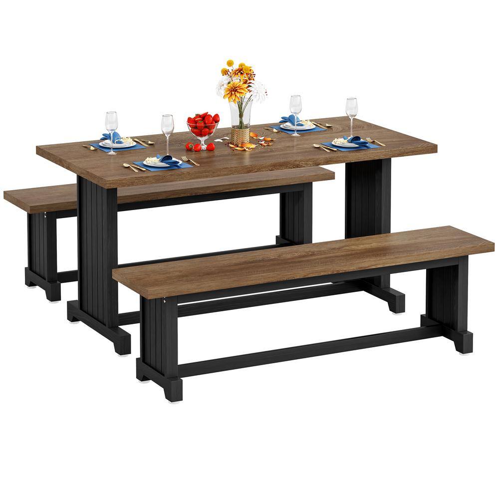 3-Piece Rectangular Black Brown Engineered Wood Top Dining Room Set Kitchen Table (Set for 4-6)