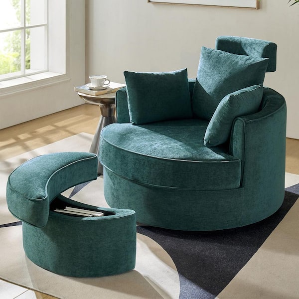 JAYDEN CREATION Prima Green Polyester Swivel barrel Chair with Storage Ottoman