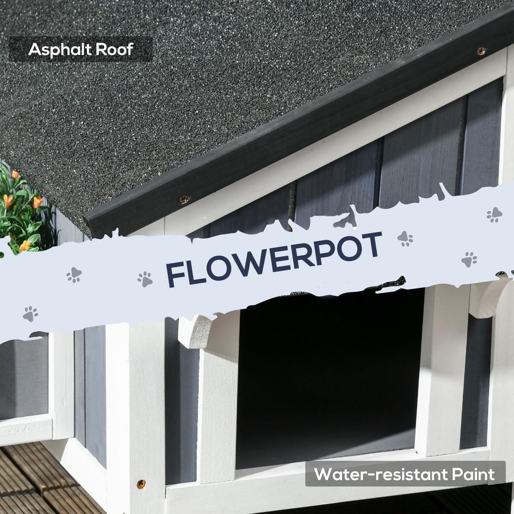Gray Wooden Outdoor Cat House with Weather-resistant Roof
