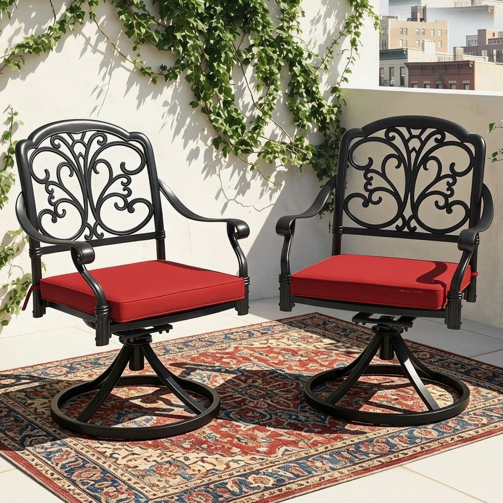 Black with Gold Speckles Swivel Cast Aluminum Outdoor Dining Chairs with Red Cushions (2-Pack) price history on PriceWatchPro