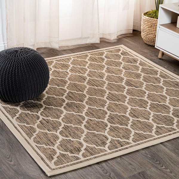JONATHAN Y Trebol Brown/Beige 5 ft. Moroccan Trellis Textured Weave Indoor/Outdoor Square Area Rug