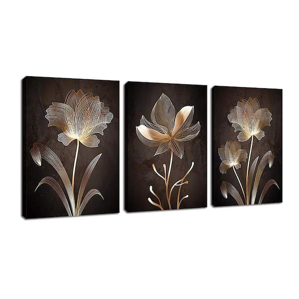 Unbranded 3-Piece 12 x 16 in. Brown Flower Abstract Canvas Set for Home Wall Decor