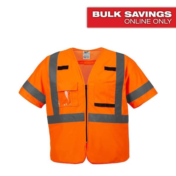 Large/X-Large Orange Class 3 High Visibility Safety Vest with 10-Pockets and Sleeves