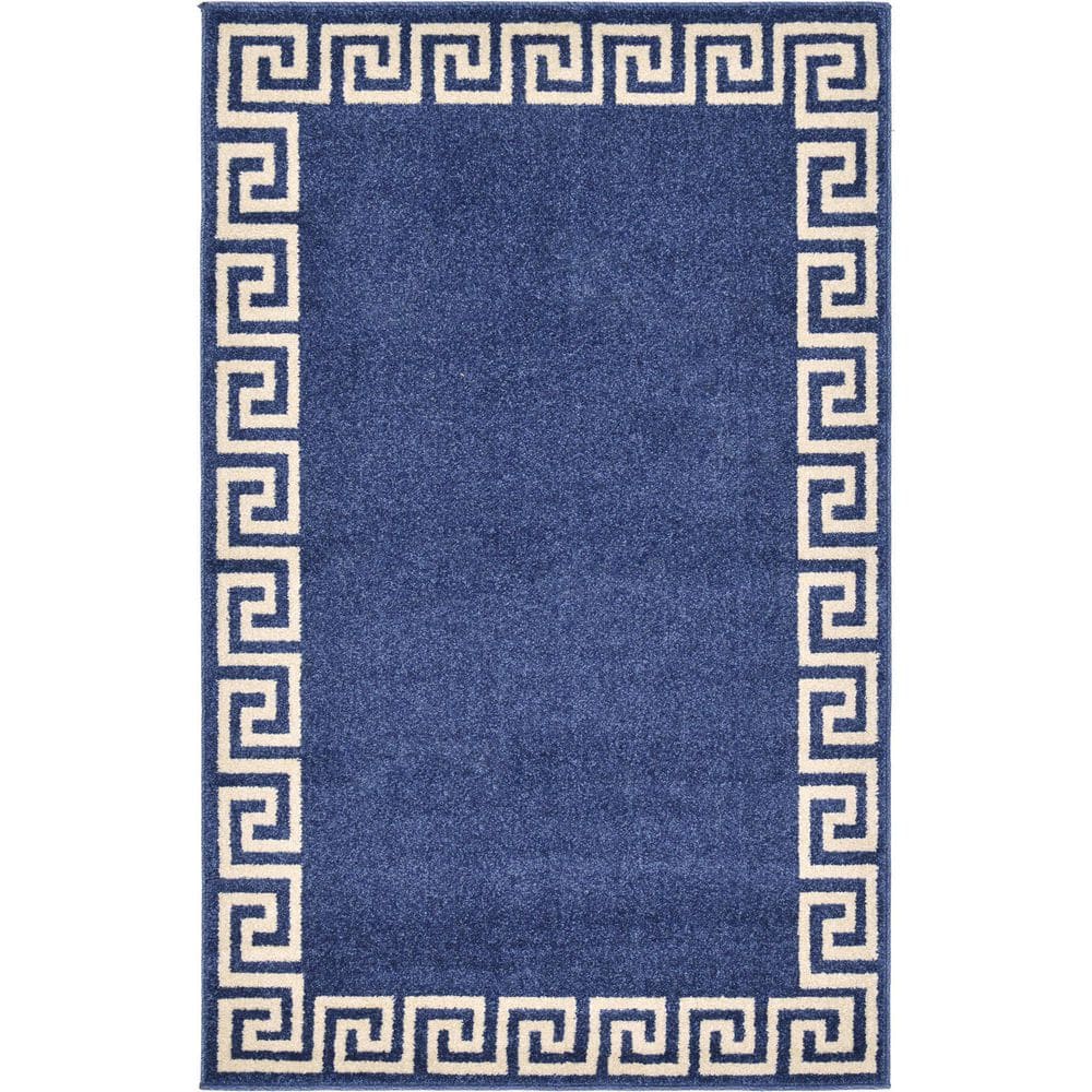 Navy Blue Geometric Border Rectangular Synthetic Rug