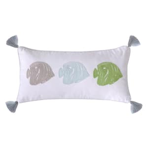 Deva Beach Grey, Blue and Green Fish Embroidered 12 in. x 24 in. Throw Pillow