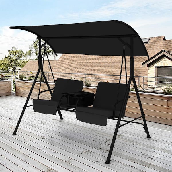 Gymax 2 Person Metal Canopy Porch Swing Padded Chair Cooler Bag