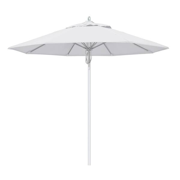 California Umbrella 9 ft. Silver Aluminum Commercial Fiberglass Ribs Market Patio Umbrella and Pulley Lift in Natural Sunbrella