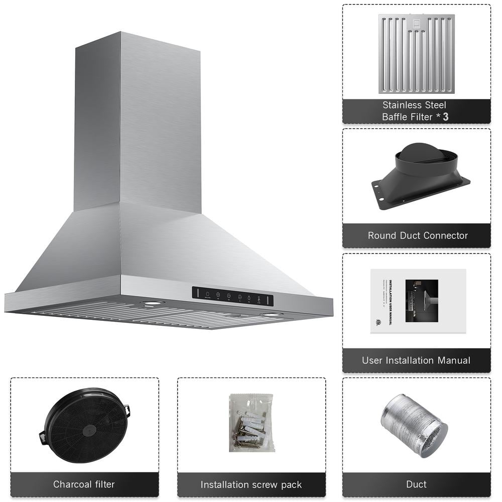 36'' Stainless Steel Convertible Wall Mount Range Hood with Charcoal Filter