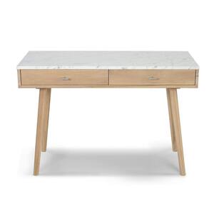 Viola 44 in. Rectangular Carrara White Wood 2-Drawer Writing Desk with Oak Legs and Marble Top