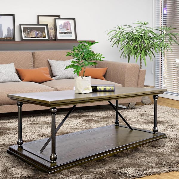 Homy Casa Hussaini 47.2 in. Brown Rectangle MDF Top Coffee Table with 2 shelves